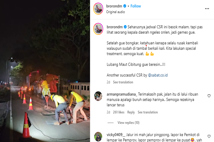 Pengusaha Ronald Sinaga Perbaiki Jalan Kalimalang secara mandiri. Instagram/@brorondm